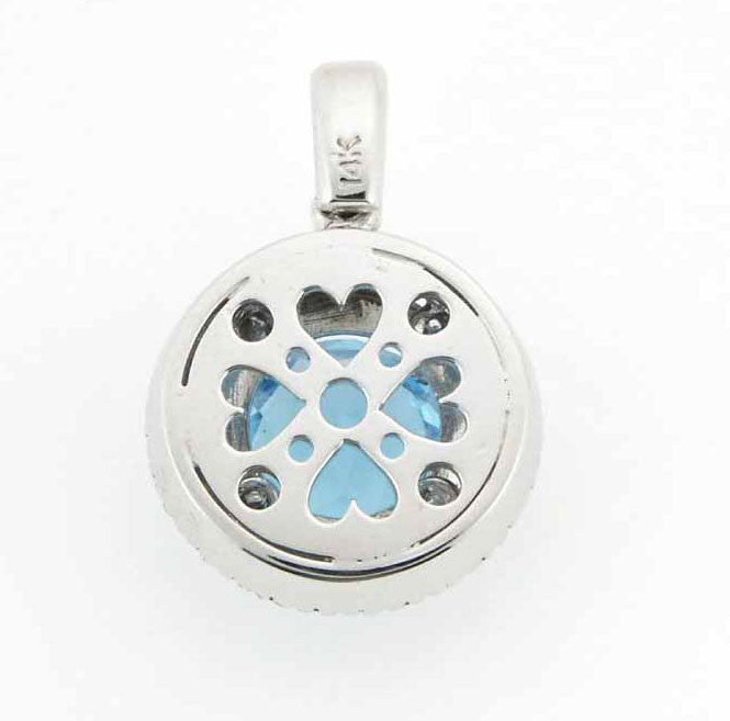 14K White Gold Double Halo Diamond and Blue Topaz Pendant Necklace