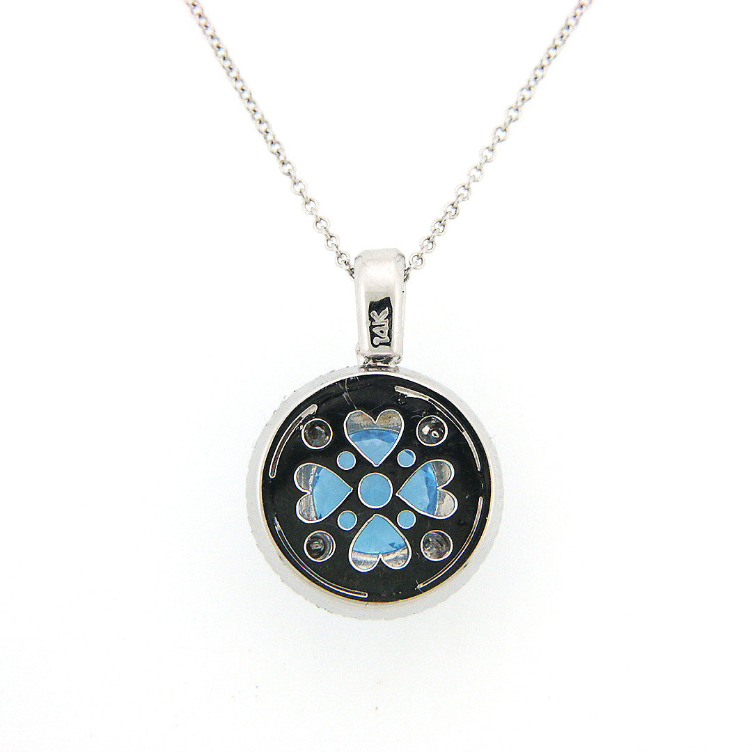 14K White Gold Double Halo Diamond and Blue Topaz Pendant Necklace