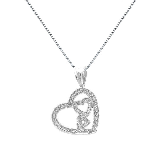 14K White Gold 3 Hearts Diamond Pave Heart Pendant Necklace 0.40 ct. tw.