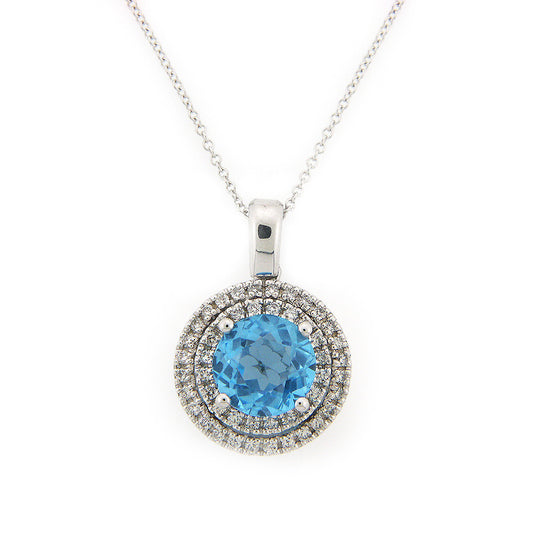 14K White Gold Double Halo Diamond and Blue Topaz Pendant Necklace