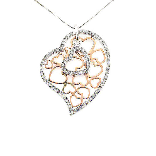 14K White and Rose Gold Double Heart Diamond Pendant Necklace (1.10 ct. tw.)