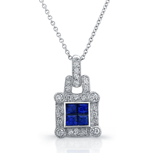 Diamond and Sapphire Pendant Pave Set in 18K White Gold (0.91 ct. tw.)