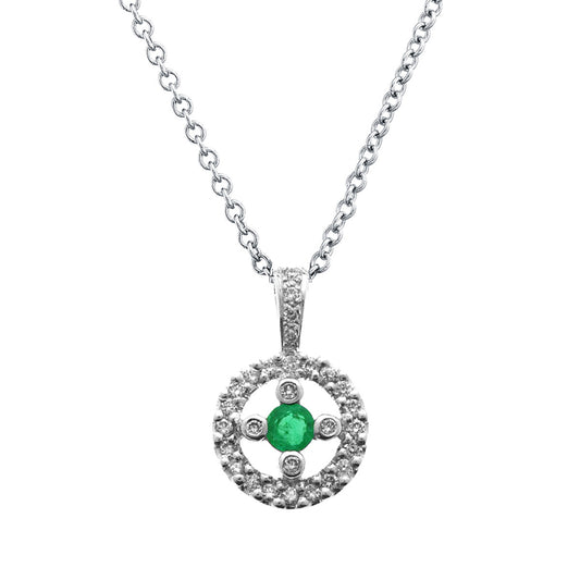 18K White Gold Diamond Emerald Circle Pendant Necklace (0.27 ct. tw.)