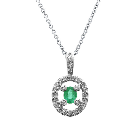 18K White Gold Diamond and Emerald Oval Pendant Necklace (0.31 ct. tw.)