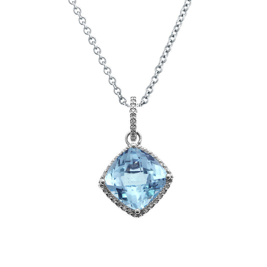 18K Cushion Cut Blue Topaz and Diamond Pendant Necklace (3.94 ct. tw.)