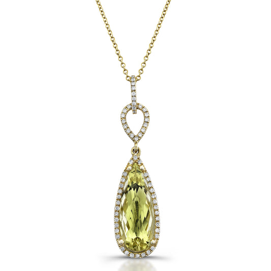 18K Yellow Gold Tear Drop Diamond and Lemon Quartz Pendant with Chain (3.80 ct. tw.)